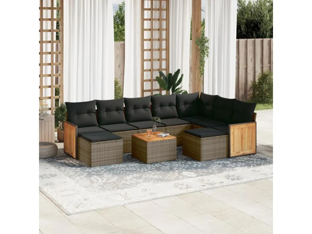 Set de sofás de jardín 10 piezas con cojines ratán sintético gris