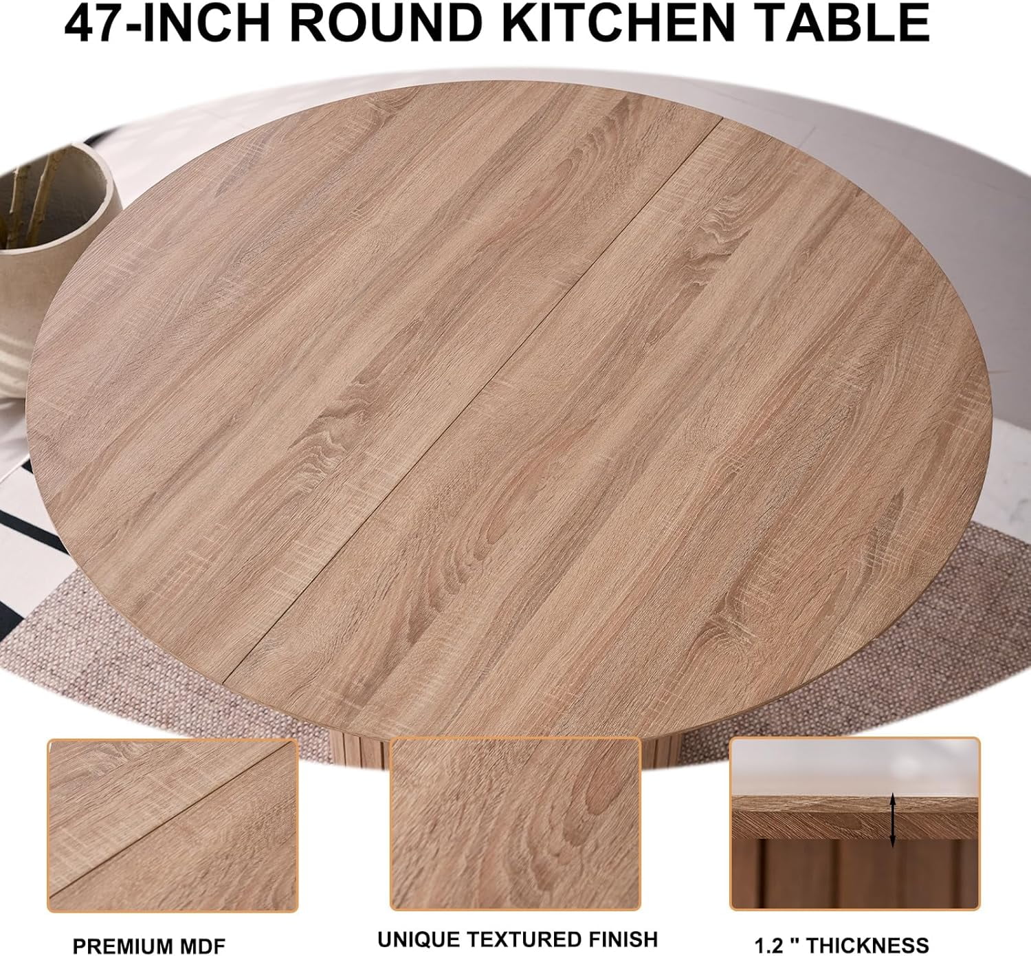 5 Piece Round Dining Table Set - Mid-Century 47 inch Oak Dining Table with 4 Brown Faux Leather Chairs Set, Dinner Table & Chair with Metal Legs for Kitchen Dining Room, Apartment, Bedroom - Image 10
