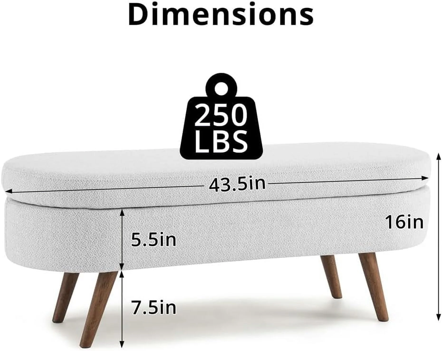 Sumdeal 43.5" Storage Ottoman Bench with 250lb Seating, Linen Upholstered Wood Legs Safety Hinge Flip Top Oval Foot Rest Long Stool for Sofa Couch Bedroom End of Bed Living Room Entryway, White - Image 10