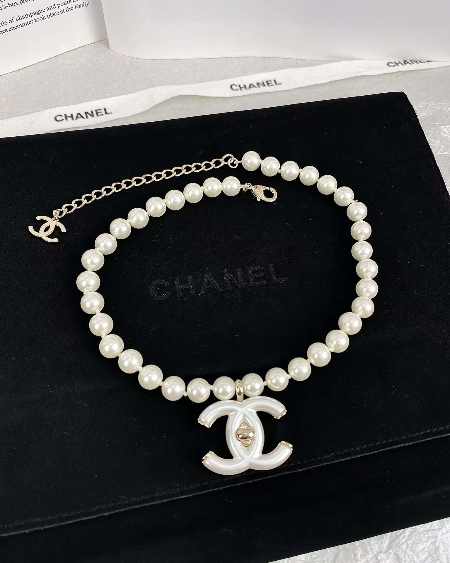 Chanel Choker Necklace with White Double C Pendant - Original Replica Club