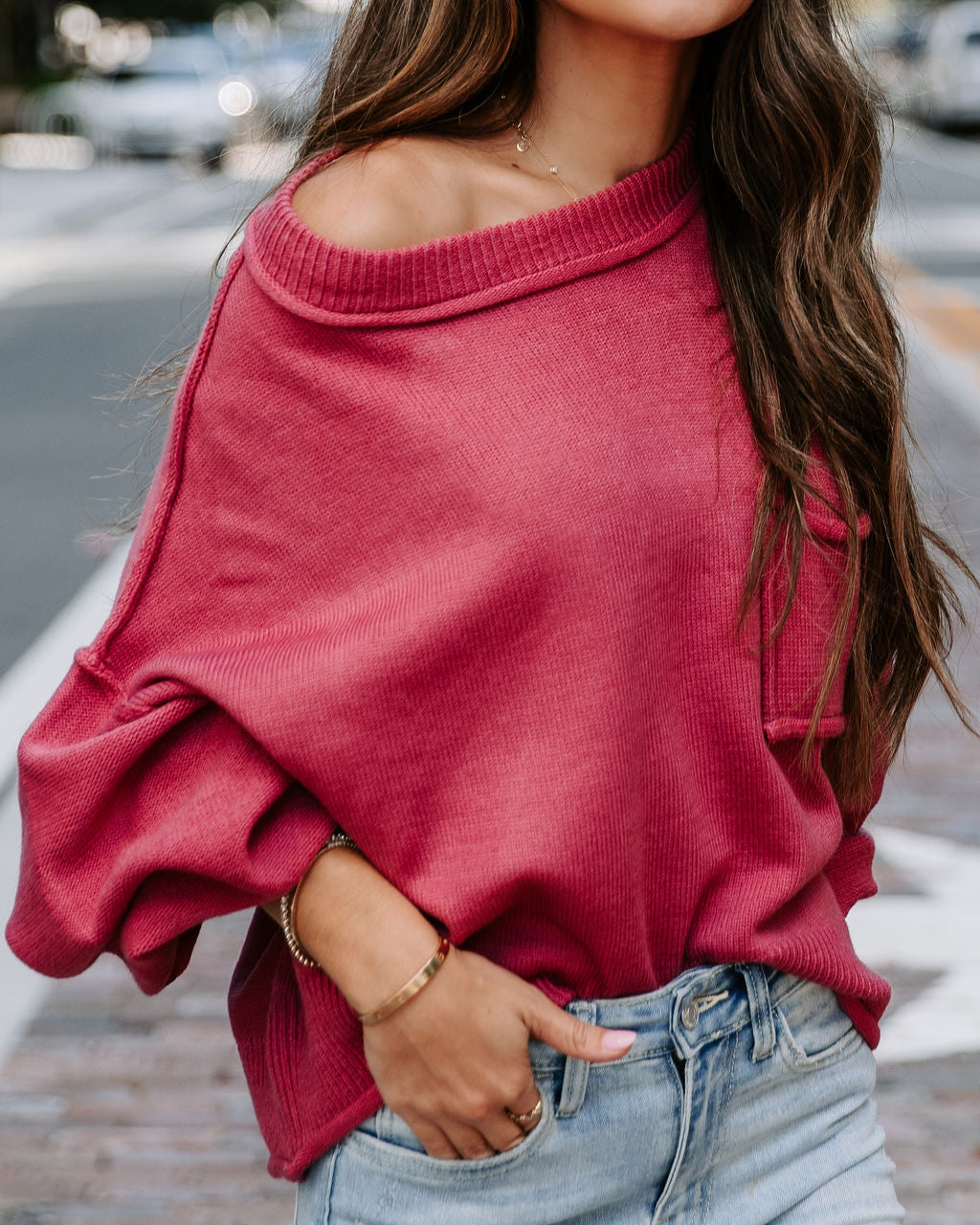 Mountain Gem Cotton Relaxed Sweater - Raspberry - Se7enfashion