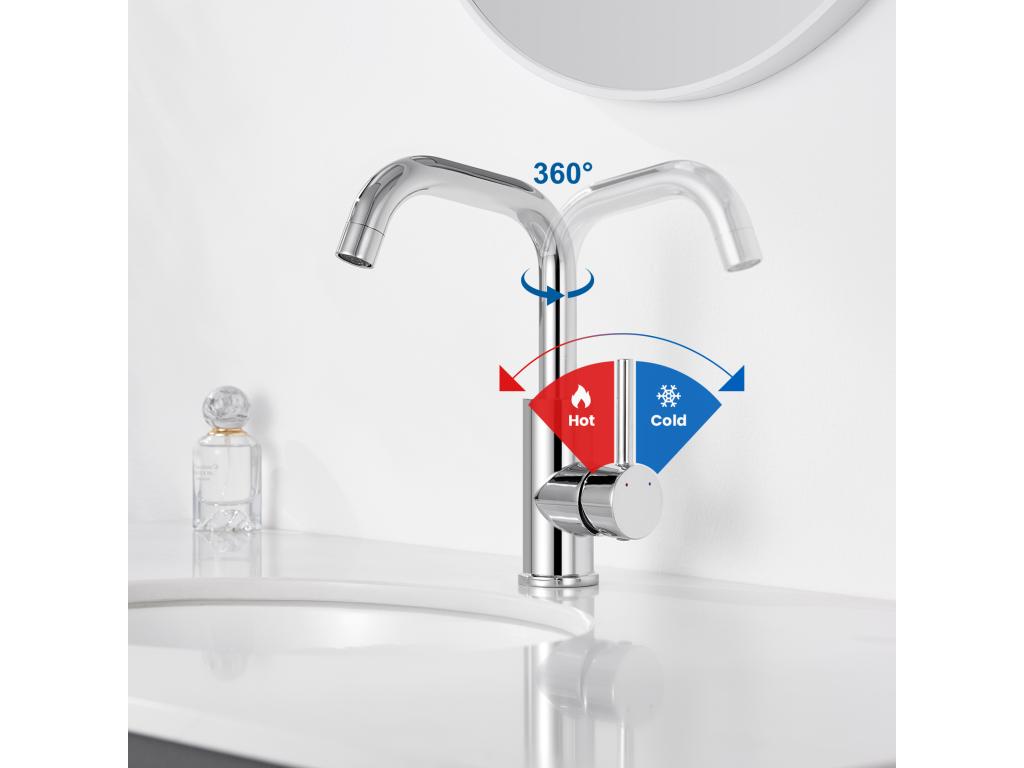 Mezclador lavabo,pivotante 360°, con aireador desmontable,cromado+conjunto accesorios baño 6 piezas, autoadhesivo/perforación,inoxidable,cepillado