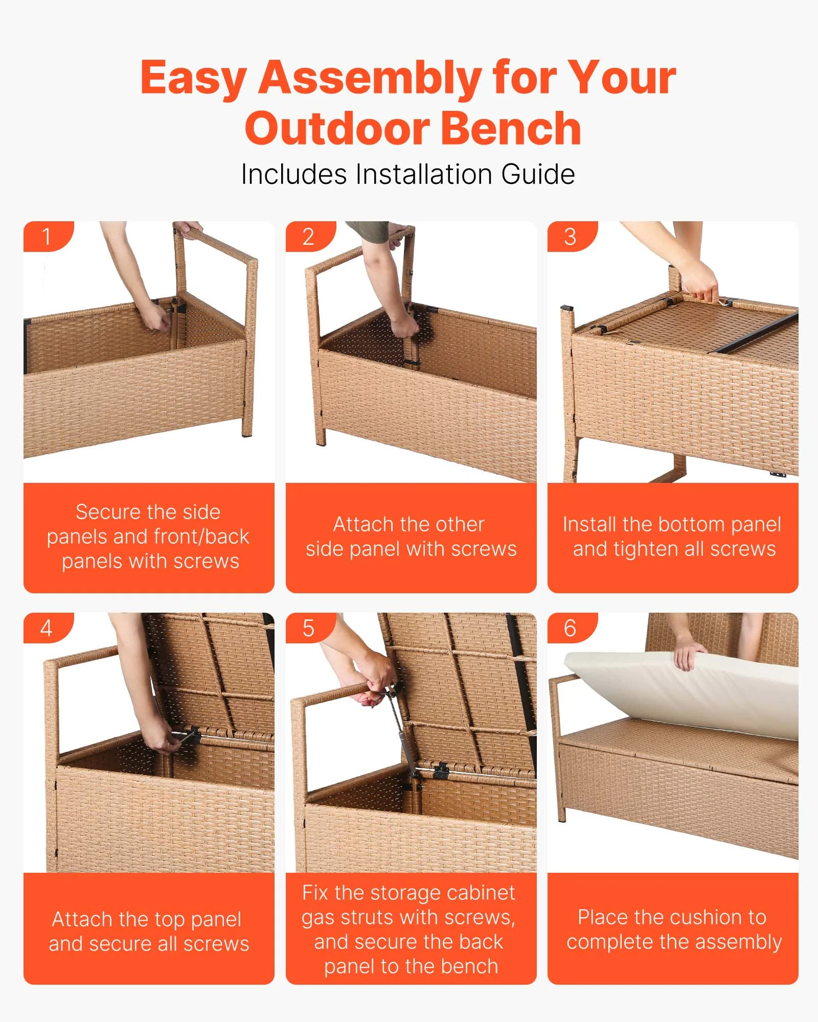 VEVOR Outdoor Storage Bench, 2-Person PE Rattan Storage Bench, 70 Gal Deck Box with Cushion, Supports up to 265 lbs, Weatherproof Outdoor Seating & Porch Decor for Patio Garden Balcony Yard - Image 5
