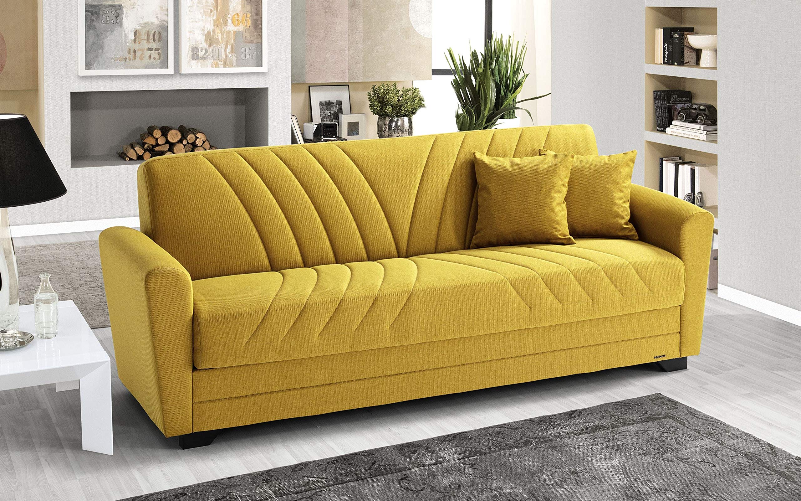 Sofá cama 3 plazas amarillo mostaza con compartimento