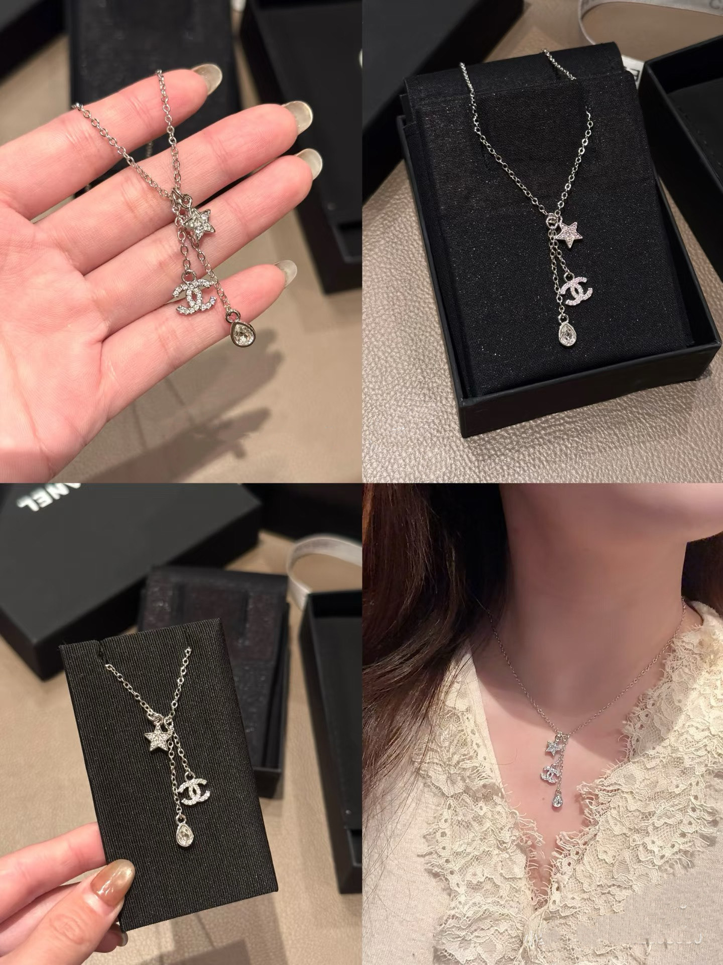 Chanel Silver Necklace with Star Teardrop CC Pendant - Original Replica Club