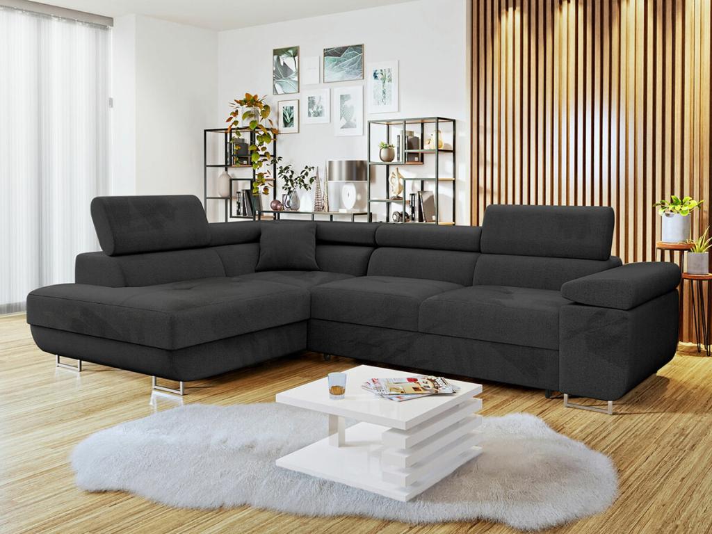 Sofá rinconero Comfivo S100, Negro, Función de descanso, Caja de ropa de cama, 274x203cm