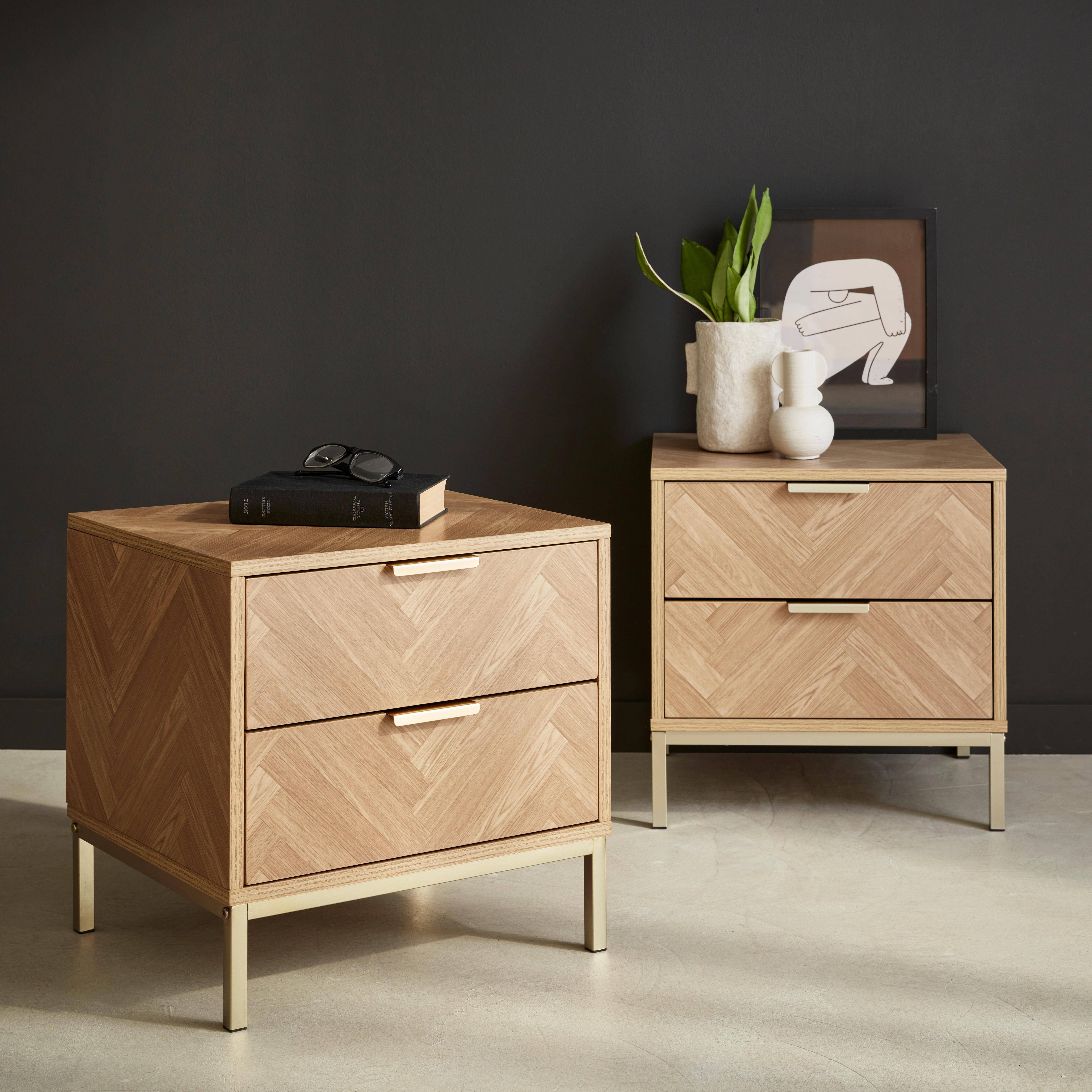 Budapest - Mesita de noche efecto madera con diseño en espiga, set de 2