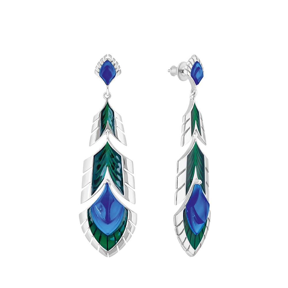 BOUCLES D'OREILLES PAON - CRISTAL BLEU ET LAQUE VERTE, ARGENT