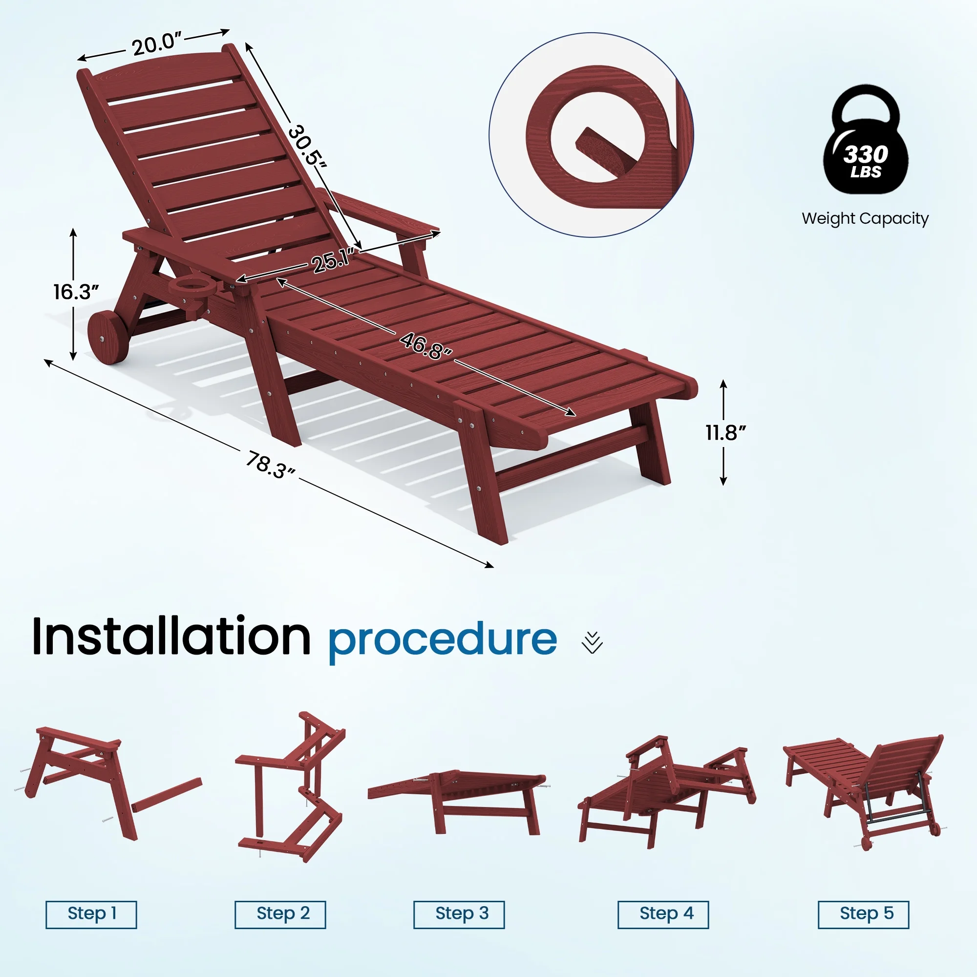 SERWALL Patio Chaise Lounge Chair, 78'' HDPE Outdoor Lounge Chair 5 Positions Pool Lounger Navy Blue - Image 51