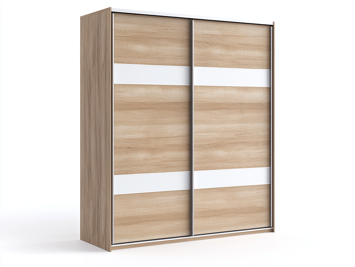 Armario ropero de 2 puertas correderas en roble claro con panel blanco, diseño moderno para dormitorio