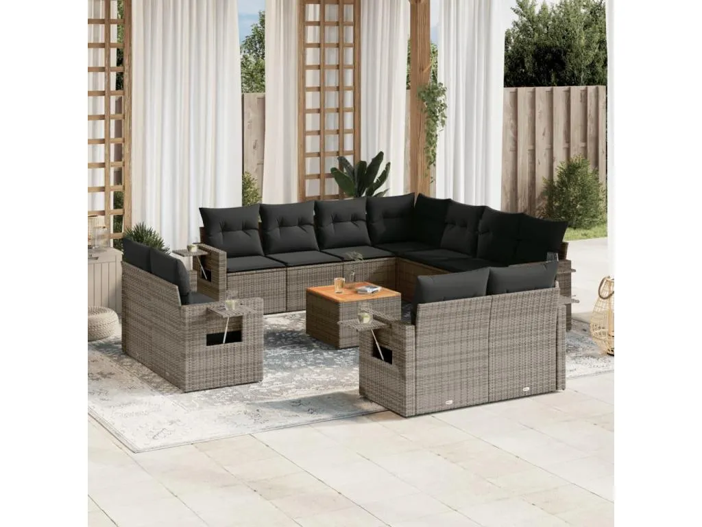 Boverdeco Set de sofás de jardín 12 pzas con cojines ratán sintético gris