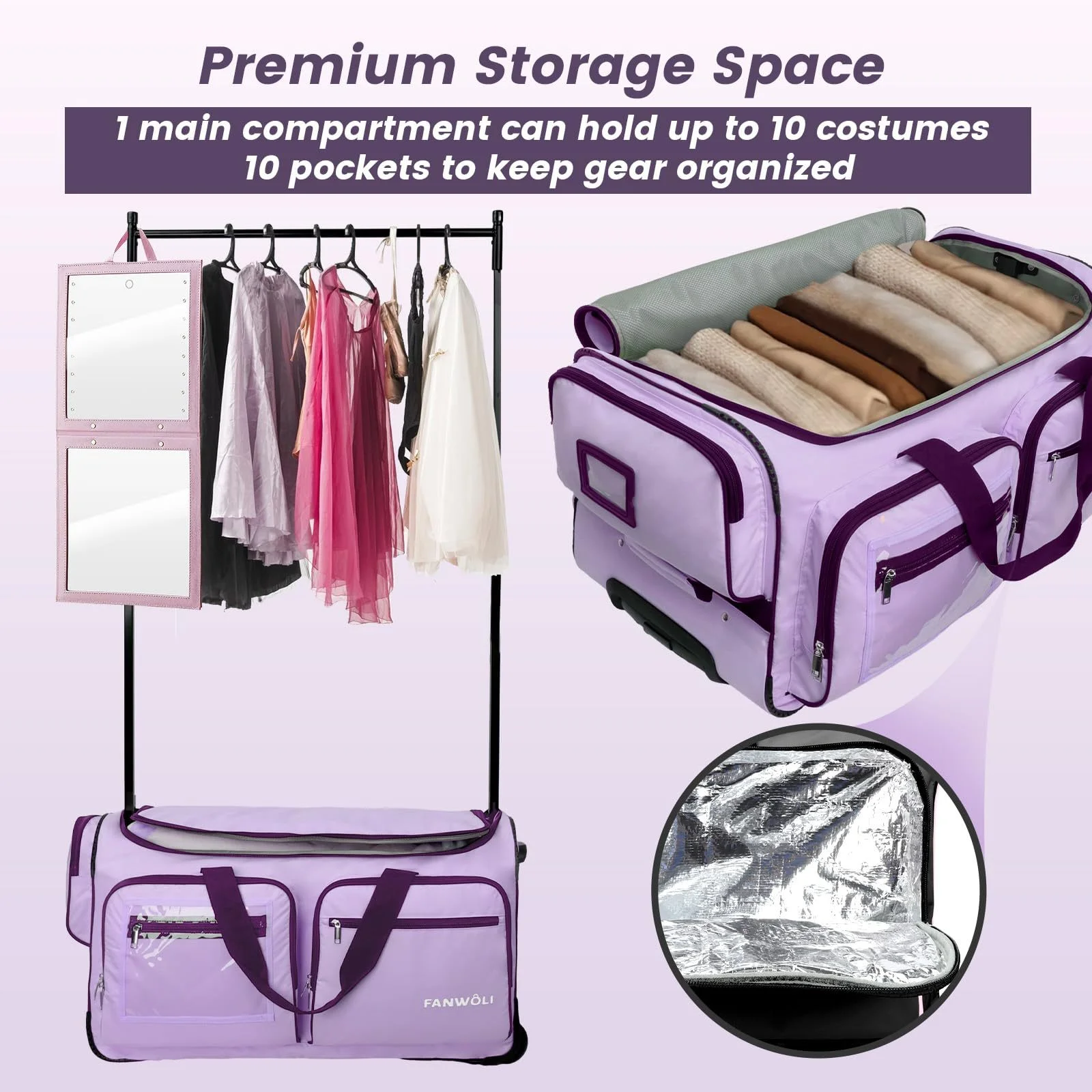 Fegat Dance Bag with Garment Rack - 28"Collapsible Rolling Competition Dance Duffle Bag Lightweight Costume Wheeled Suitcase for Dancers Shows Livestreamer Athletes - Image 20