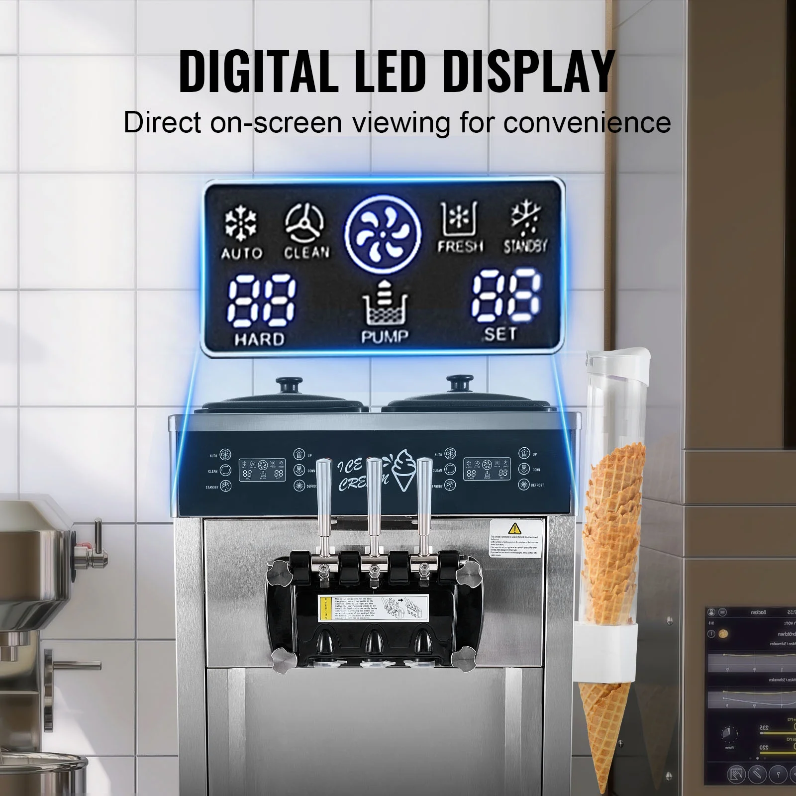 KFFKFF Soft Serve Ice Cream Machine for Commercial Use, 34-44 L/H Production, 3400W, Triple Flavor, Freestanding Design, Dual 9L Stainless Hoppers, LED Control for Single Cylinder - Image 8