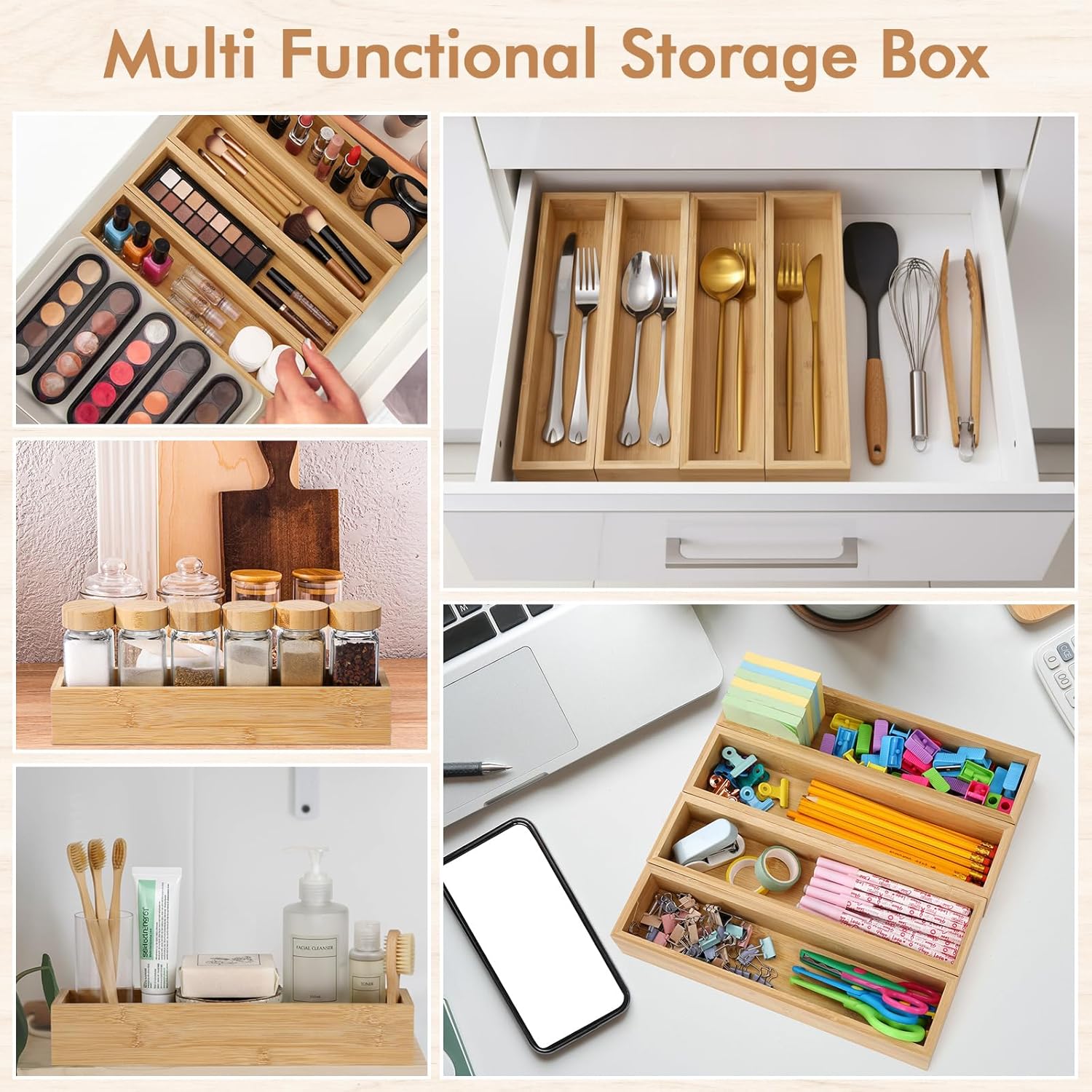 4 Pcs Bamboo Drawer Organizer Stackable Utensil Organizer for Kitchen Bamboo Storage Box Wood Silverware Tray for Drawer, Dresser, Bathroom 12