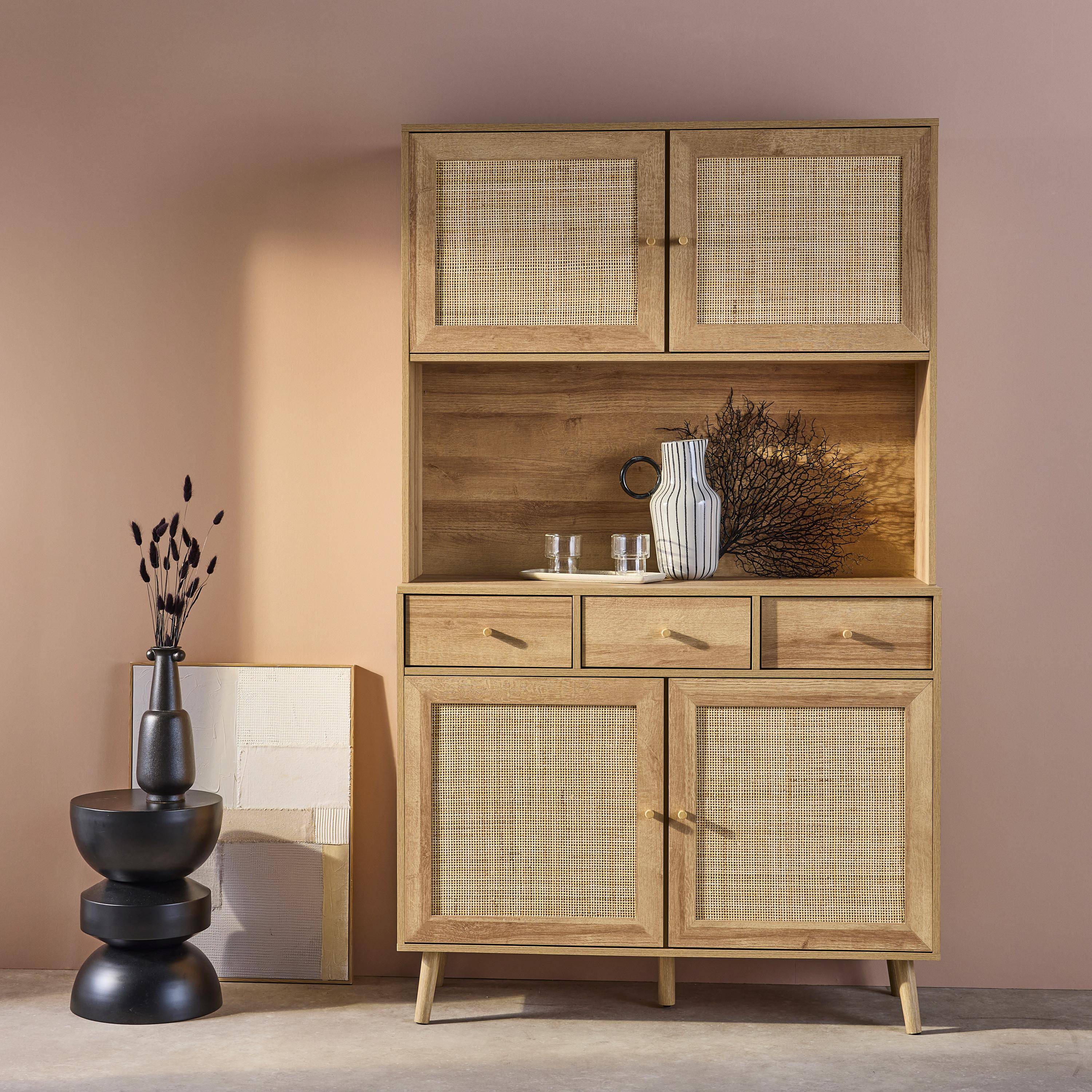 Boheme - Aparador de madera y caña, 4 puertas y 3 cajones, 110cm