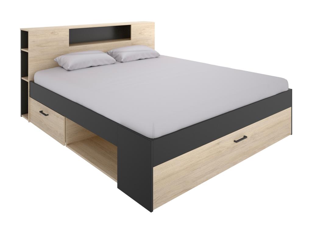 Cama 180 x 200 cm con cabecero con almacenamiento y cajones - natural y antracita