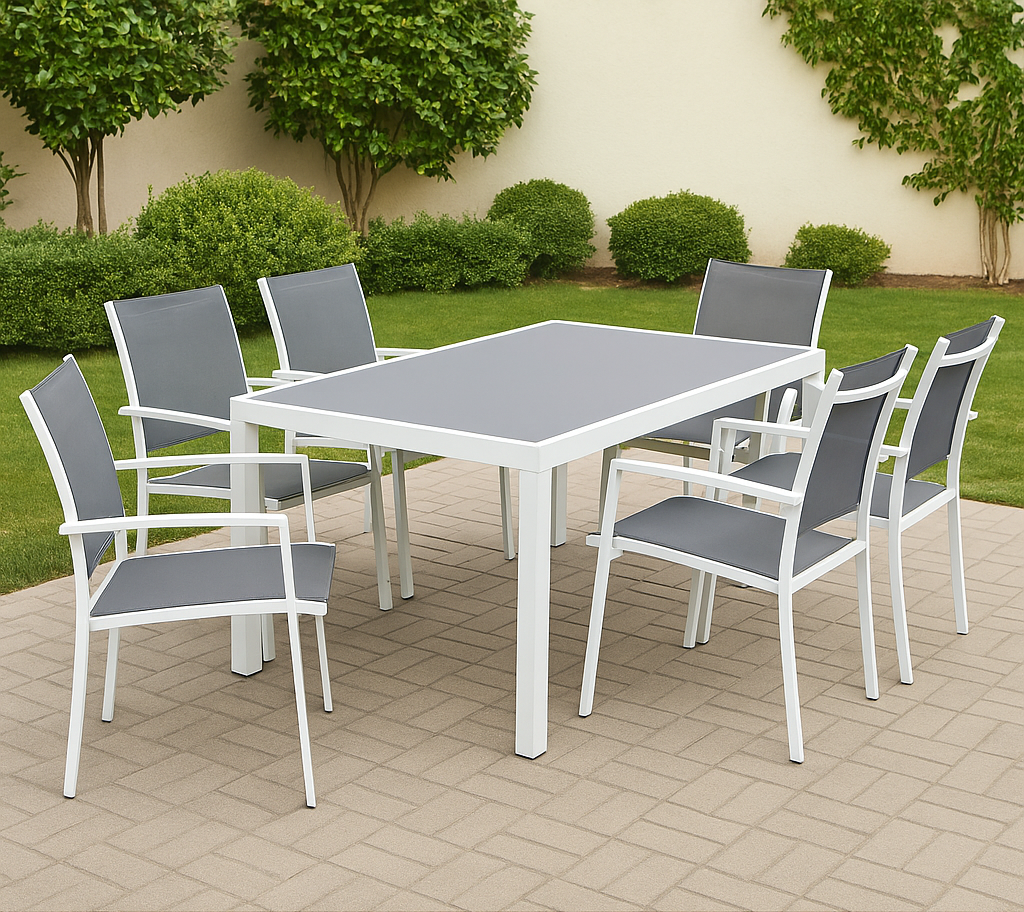 Conjunto comedor exterior Blanco/Gris acero textileno jardín terraza