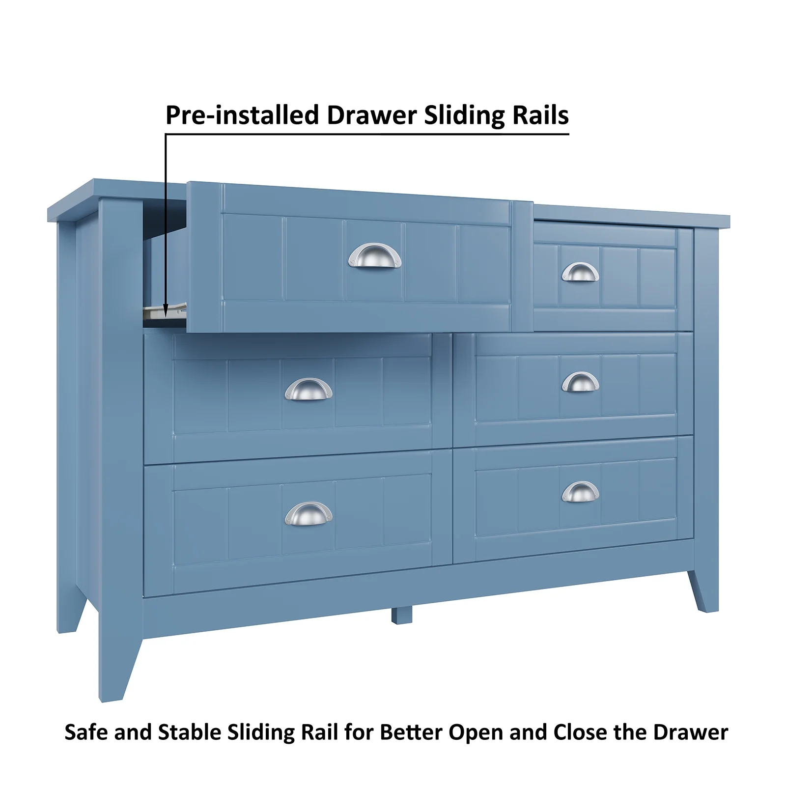 6 Drawer Dresser, Light Blue Elegant Chest of Drawers, Large Cabinet with Storage, Rustic Wood Chest of Drawers for Bedroom, Living Room, Hallway - Image 13