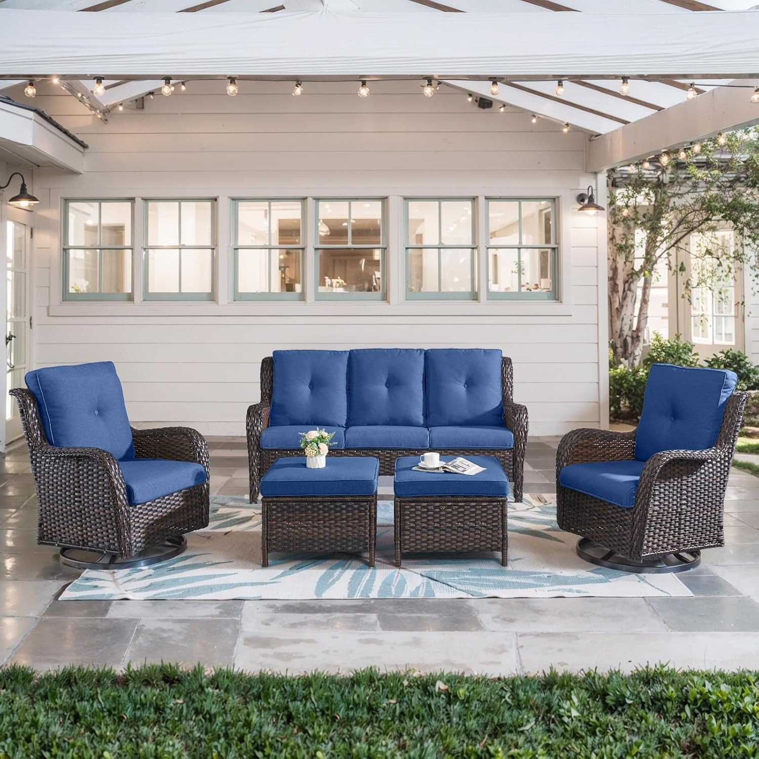 WAYFAIR 5 Piece Outdoor Patio Furniture Set - Wicker Furniture Patio Conversation Set, Outdoor Swivel Rocker Chairs With 3-Seater Sofa And 2 Ottomans For Small Space, Blue Cushion