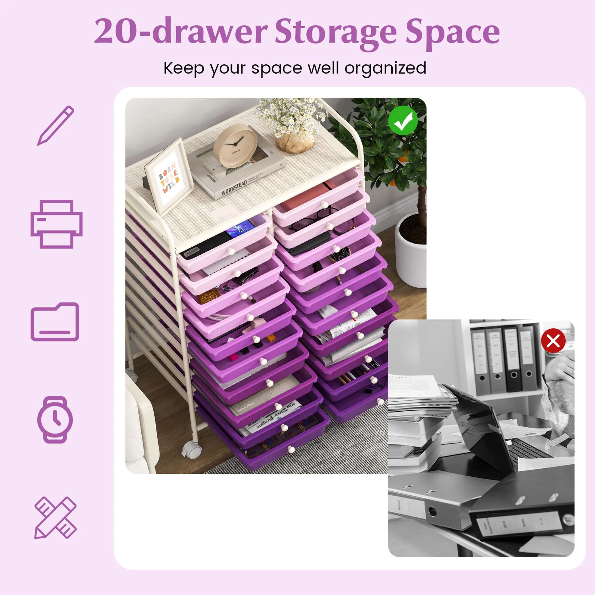 Costway 20 Drawer Rolling Storage Cart Tools Scrapbook Paper Office School Organizer Yellow - Image 70