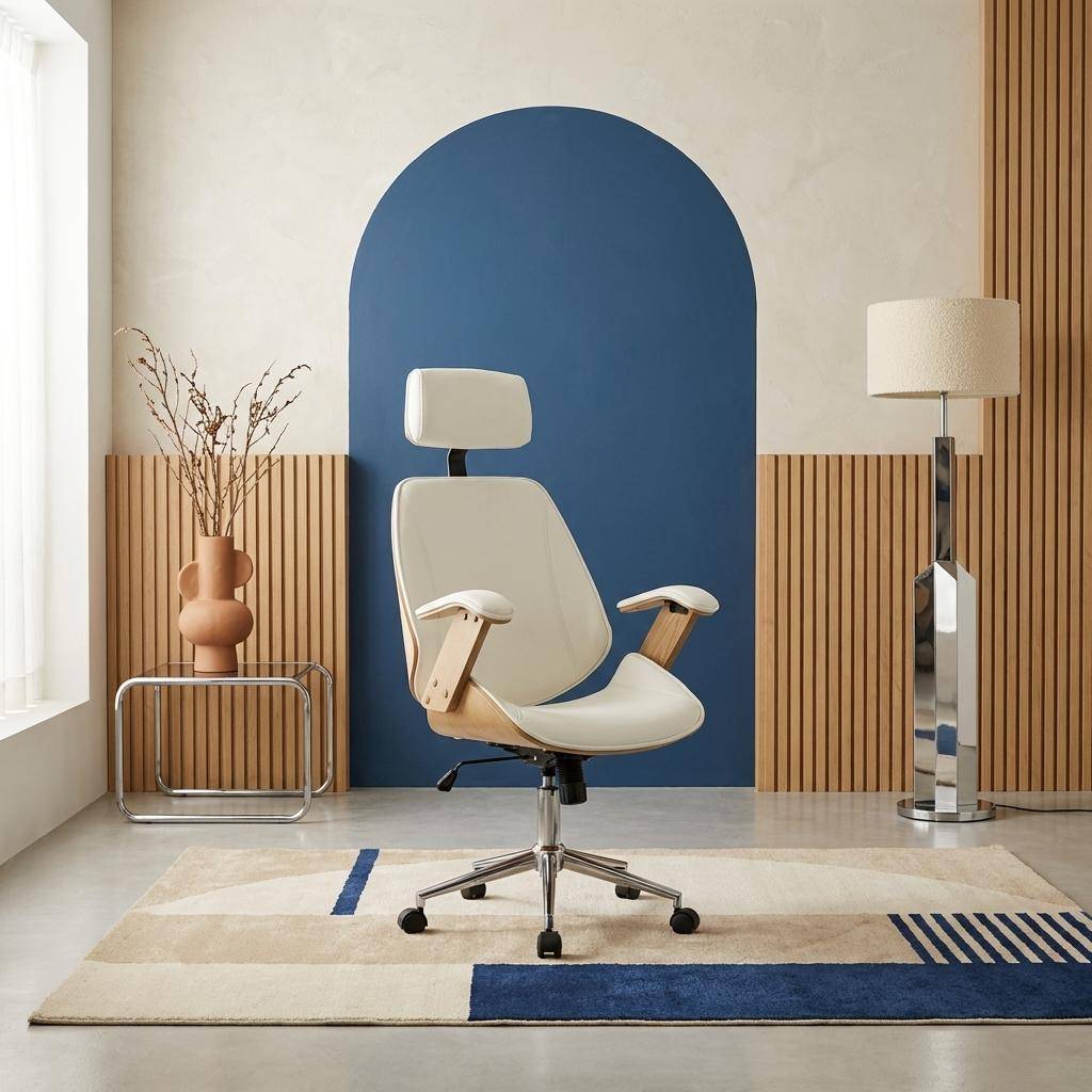 Michael - Silla de oficina con ruedas, madera curvada y acabado en polipiel