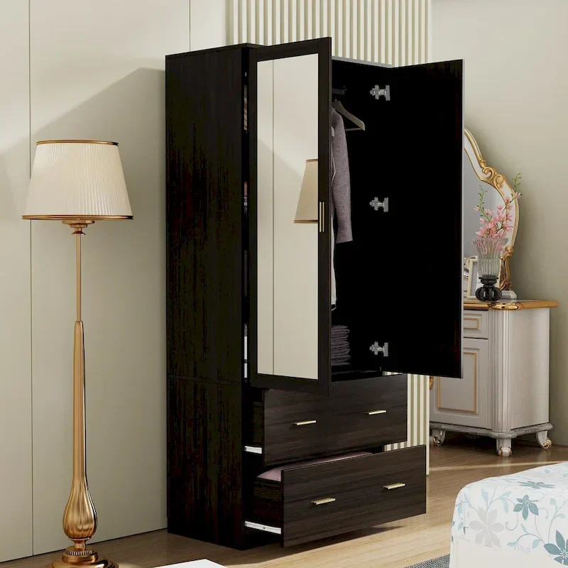 Modern Wardrobe Armoire with Mirror Door Hanging Rod and Drawers