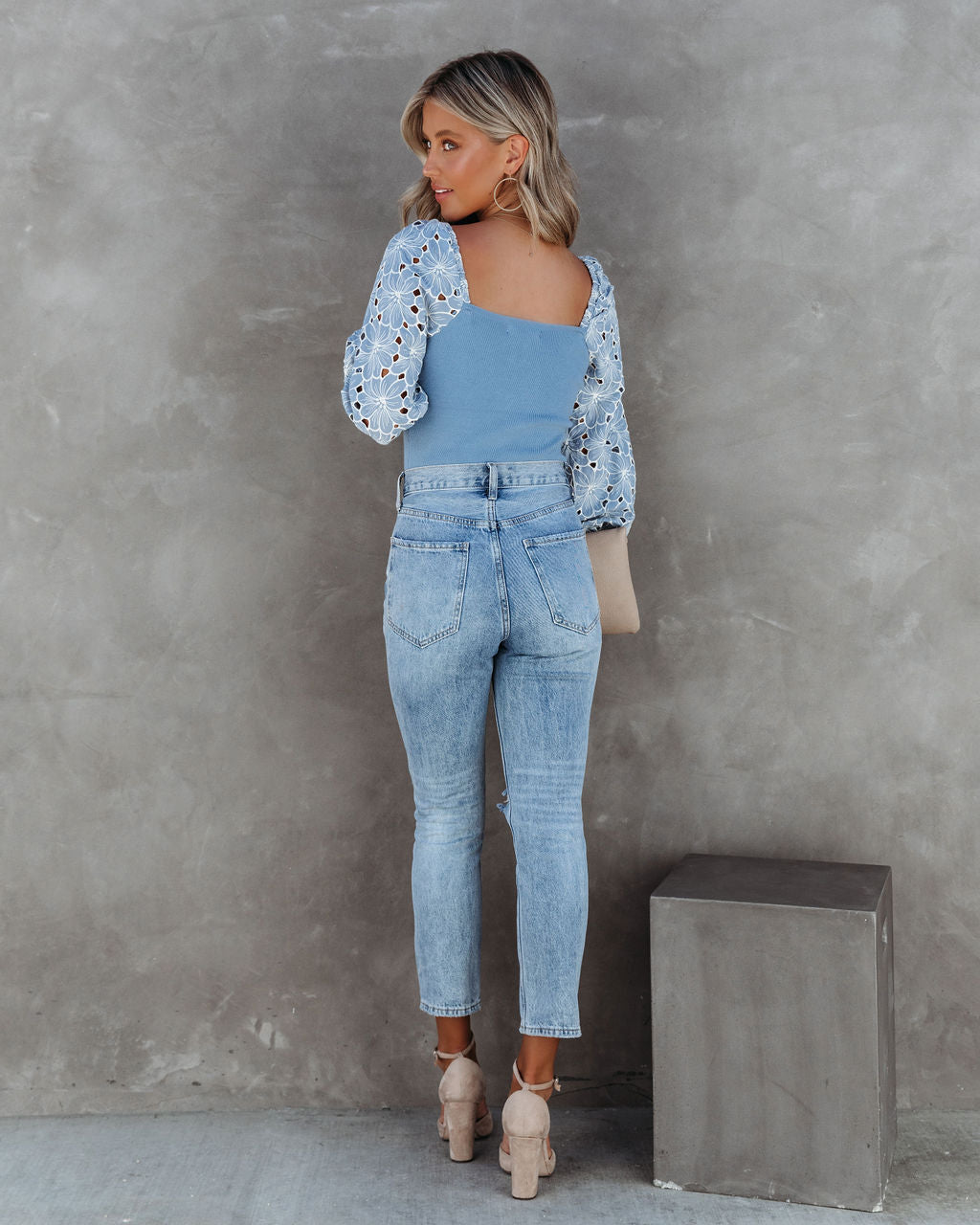 Christine Embroidered Balloon Sleeve Top - Light Blue - Se7enfashion