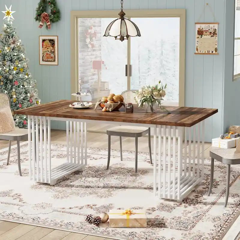 Modern Dining Table with Rectangular Top and Metal Base for 6 to 8 Seating