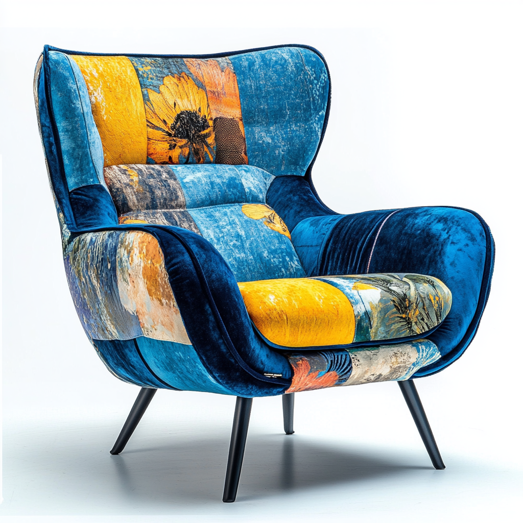 Sillón tapizado en terciopelo estampado estilo patchwork