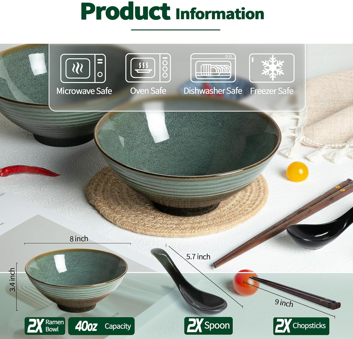 40 oz Ceramic Ramen Bowl Set of 2, Ramen Noodle Bowl with Spoons and Chopsticks 8 Inch Japanese Retro Style Large Soup, Pho, Udon Bowls, Microwave & Dishwasher Safe, Green