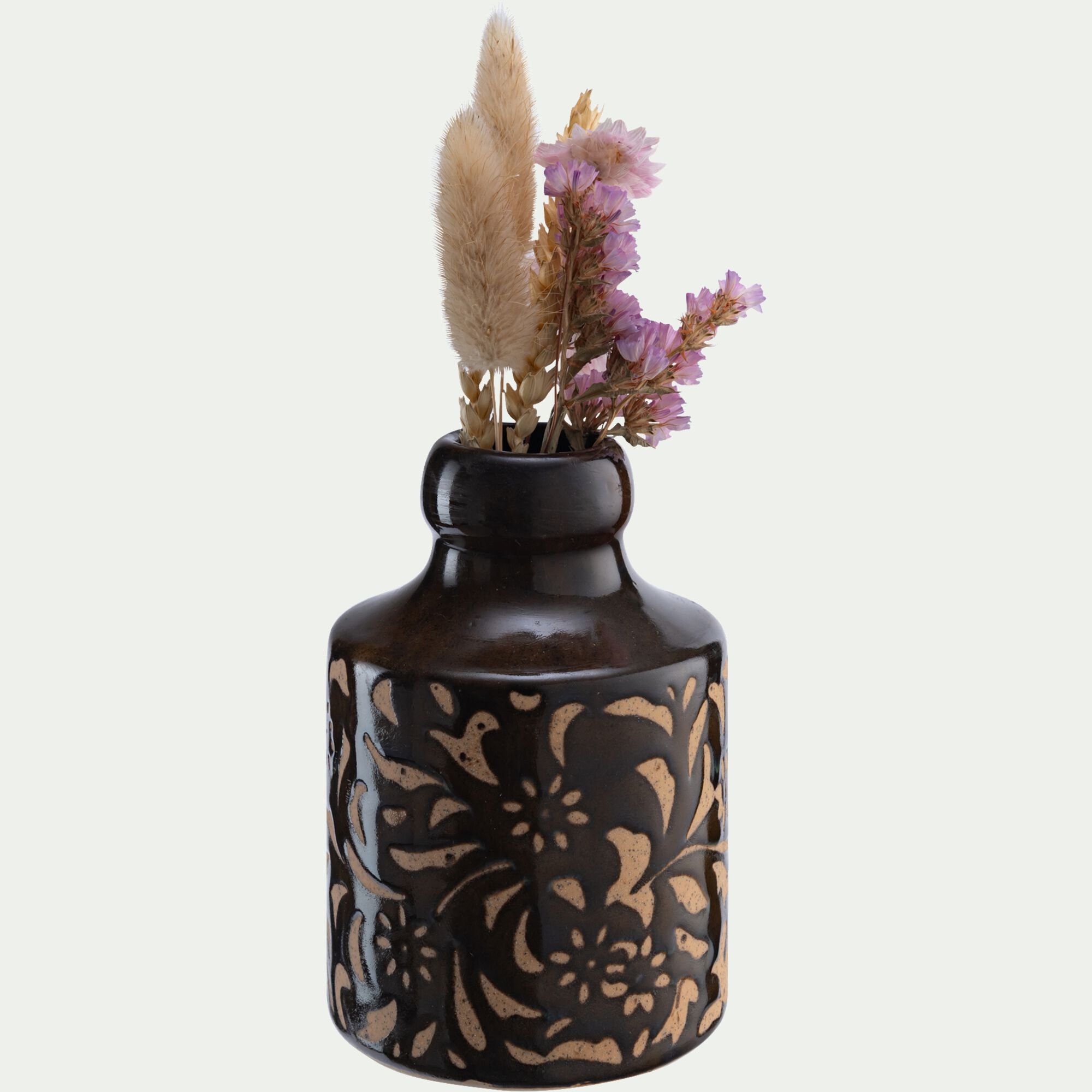 ARCENS - Vase en grès motif végétal H12cm - marron