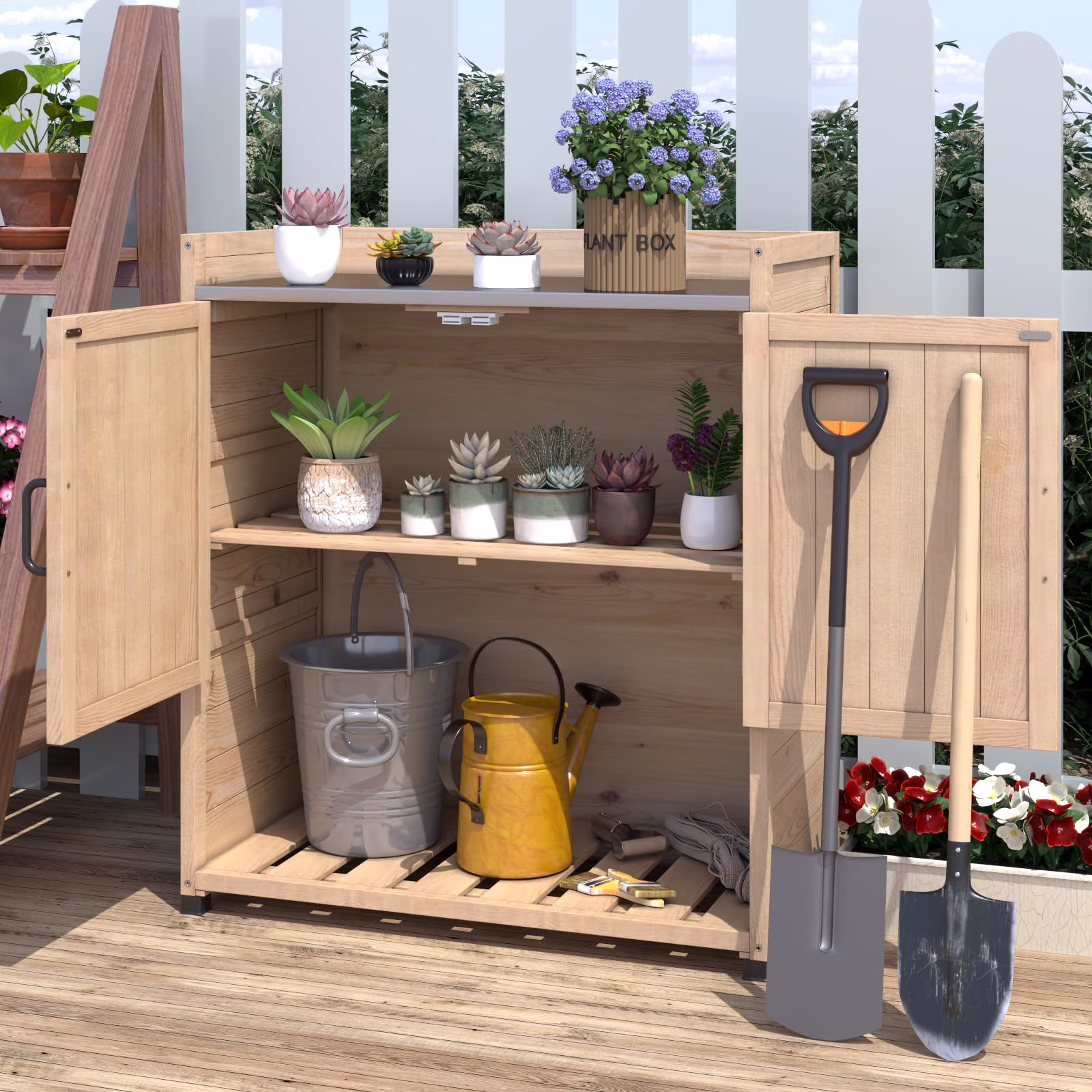 YODOLLA Potting Bench, Wooden Outdoor Storage Cabinet with Adjustable Shelf, Patio Storage with Metal Tabletop, Potting Table for Garden, Patio and Lawns, Gray - Image 5