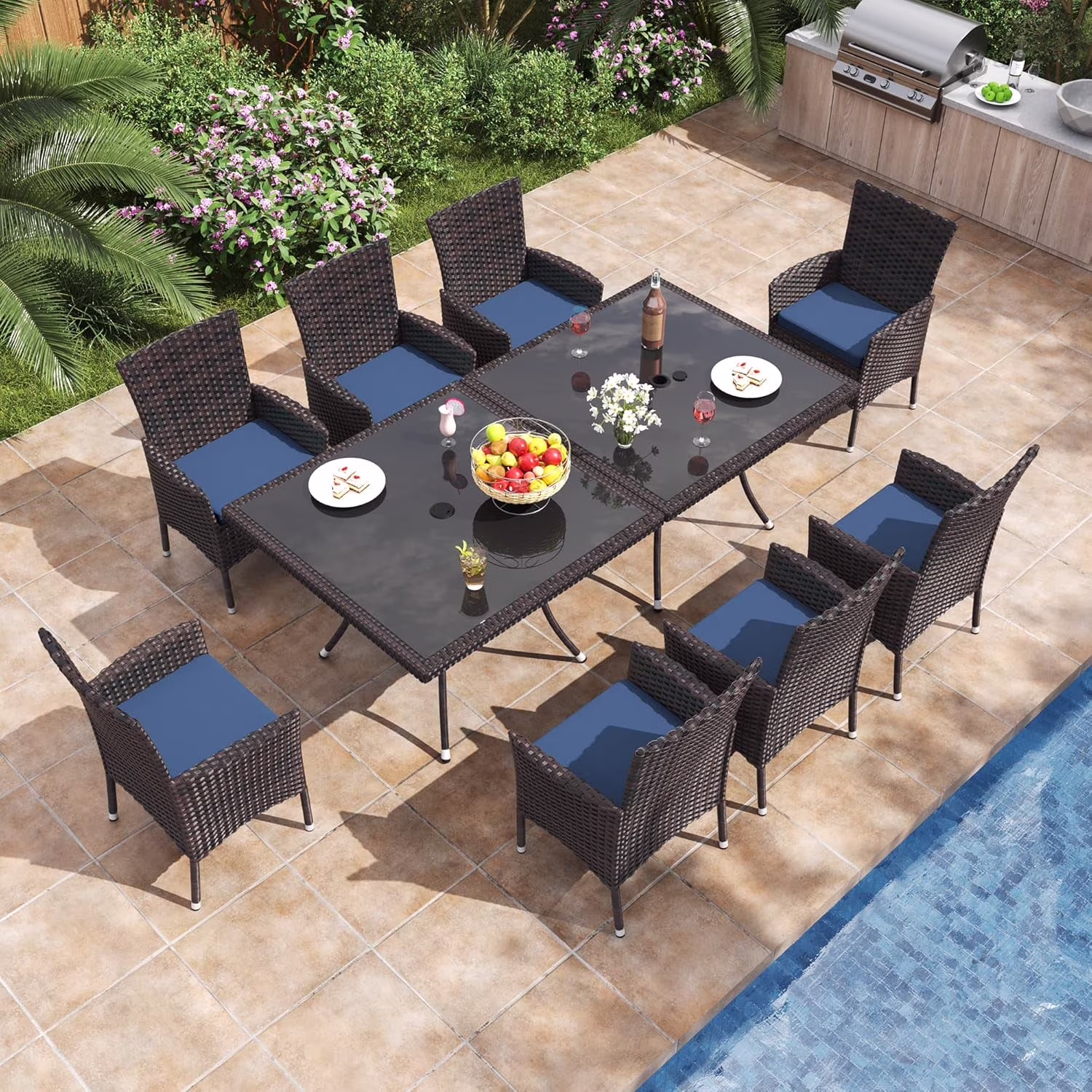 ALAULM 5 Pieces Patio Dining Set Outdoor Rattan Furniture with Square Glass Tabletop 4 Chairs with Cushions for Patio, Backyard Outdoor Kitchen Lawn & Garden Blue - Image 5
