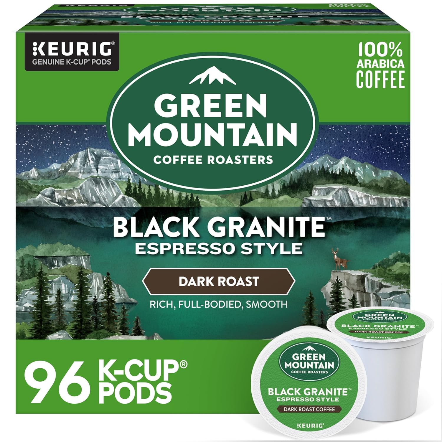 Green Mountain Coffee Roasters Black Granite. Keurig Single Serve K-Cup Pods. Espresso Style Dark Roast. 96 Count