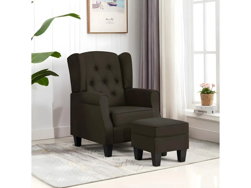 Sillón con reposapiés Tela marrón oscuro