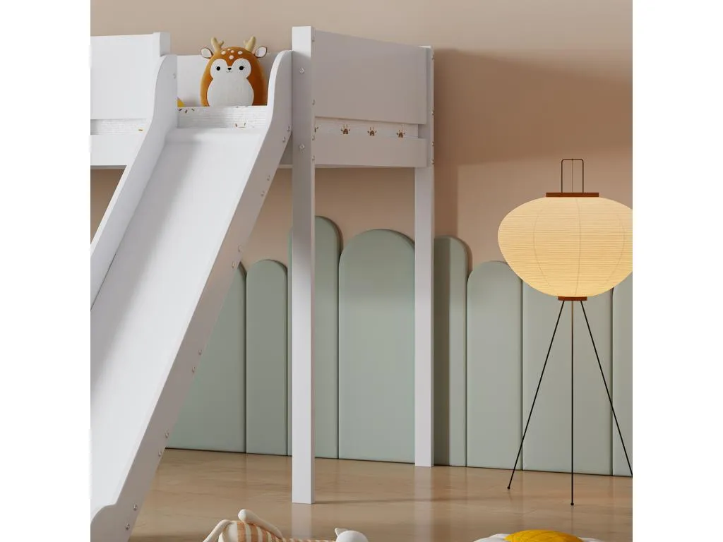 Cama alta 90x200cm, cama infantil con escalera, tobogán, estante extraíble, pino+MDF, Cosinor+natural wck3352065