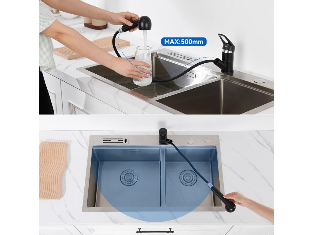 Mezclador de cocina Pratcas Negro con ducha extraíble 2 chorros Grifo de fregadero de latón de 360° Grifería con monoagujero Agua fría y caliente