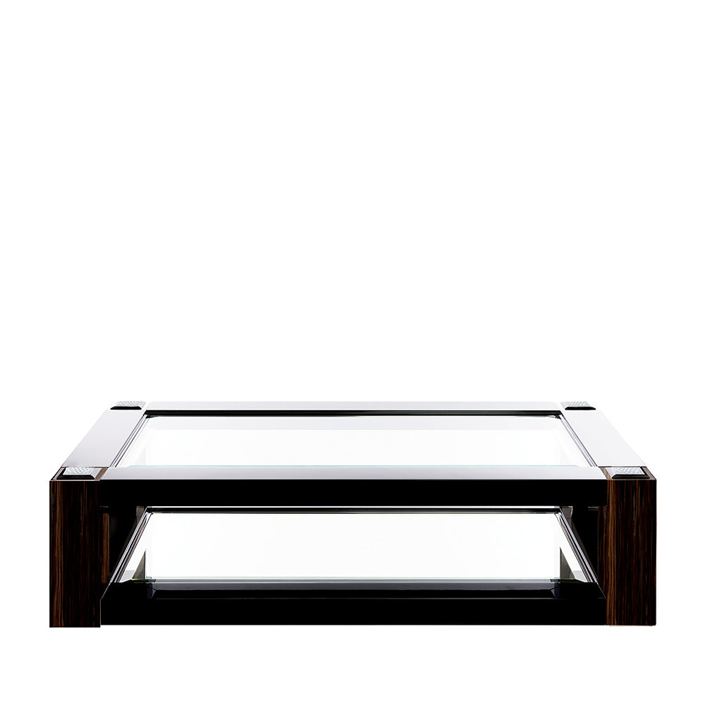 TABLE BASSE RAISINS - CRISTAL INCOLORE, LAQUÉ NOIR ET ÉBÈNE NATUREL