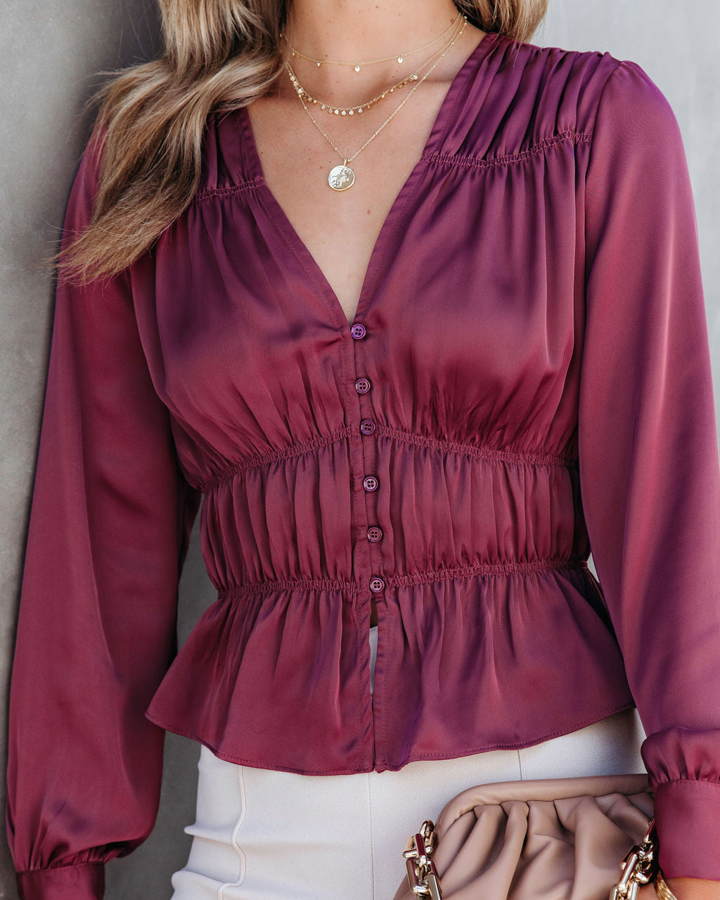 Capulet Satin Smocked Long Sleeve Top - Mauve - Se7enfashion