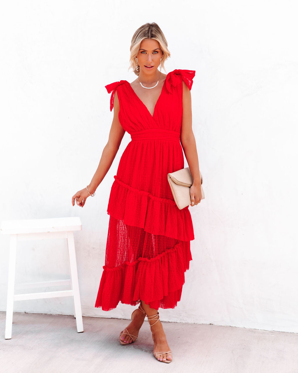 Carrie In Paris Tiered Tulle Midi Dress - Red - Se7enfashion