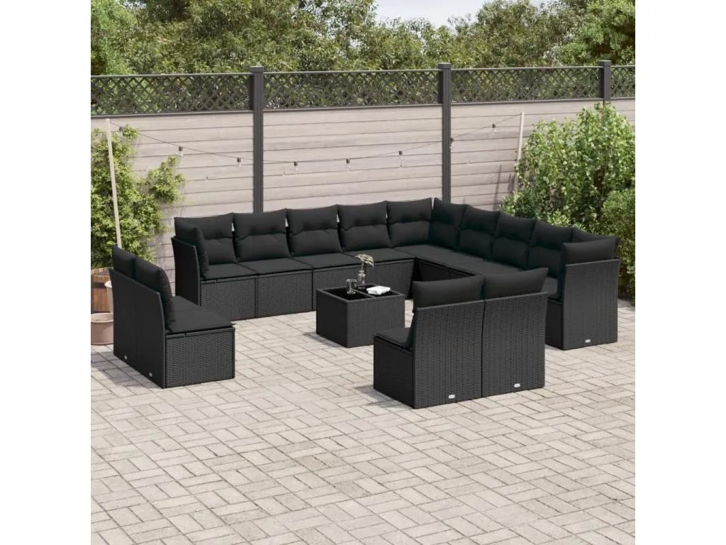 Luxmbls Set sofás de jardín 14 pzas con cojines ratán sintético negro BWZJ84333