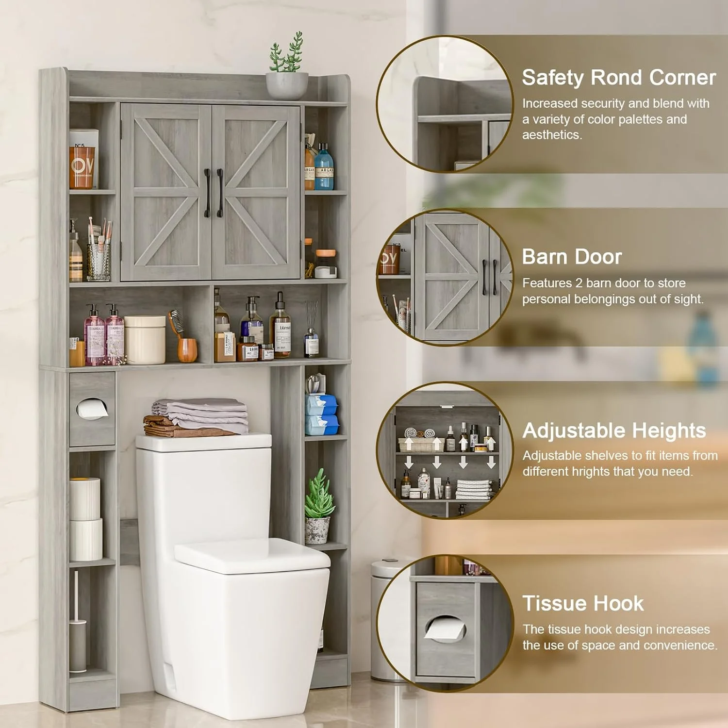 Vabches Over The Toilet Storage Cabinet, Freestanding Bathroom Space Saver with Adjustable Shelf and 2 Doors - Image 7