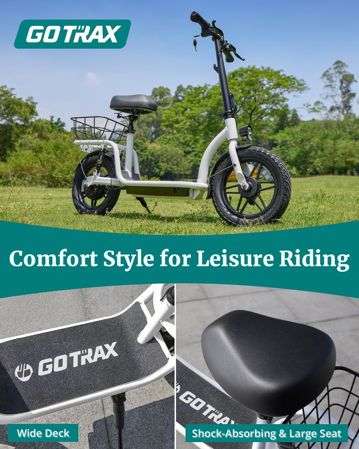 Gotrax adult electric scooter with seat maximum range of 19-25 miles all-terrain tires wide pedals