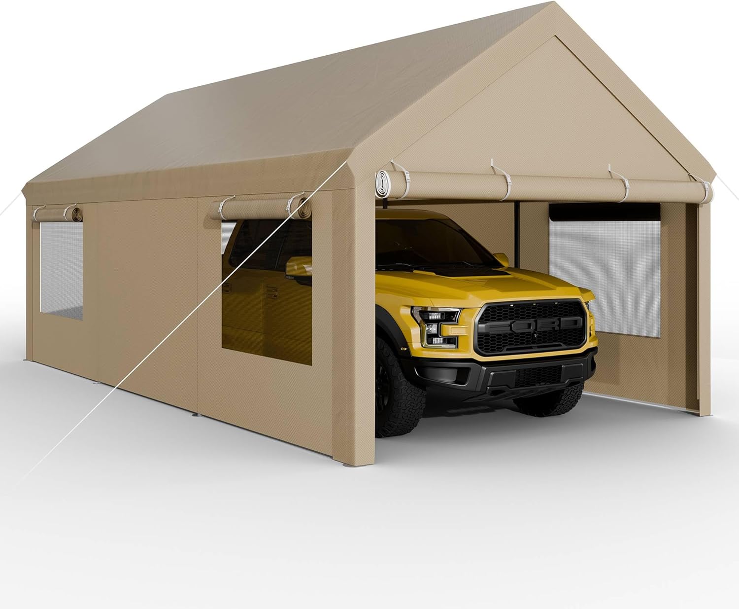 2025 Carport, 12x20 ft Heavy Duty Carport with Roll-up Windows, Portable Garage with Removable Sidewalls & Doors, Car Canopy with Sandbags and All-Season Tarp for Car Boat Truck Motorcycle
