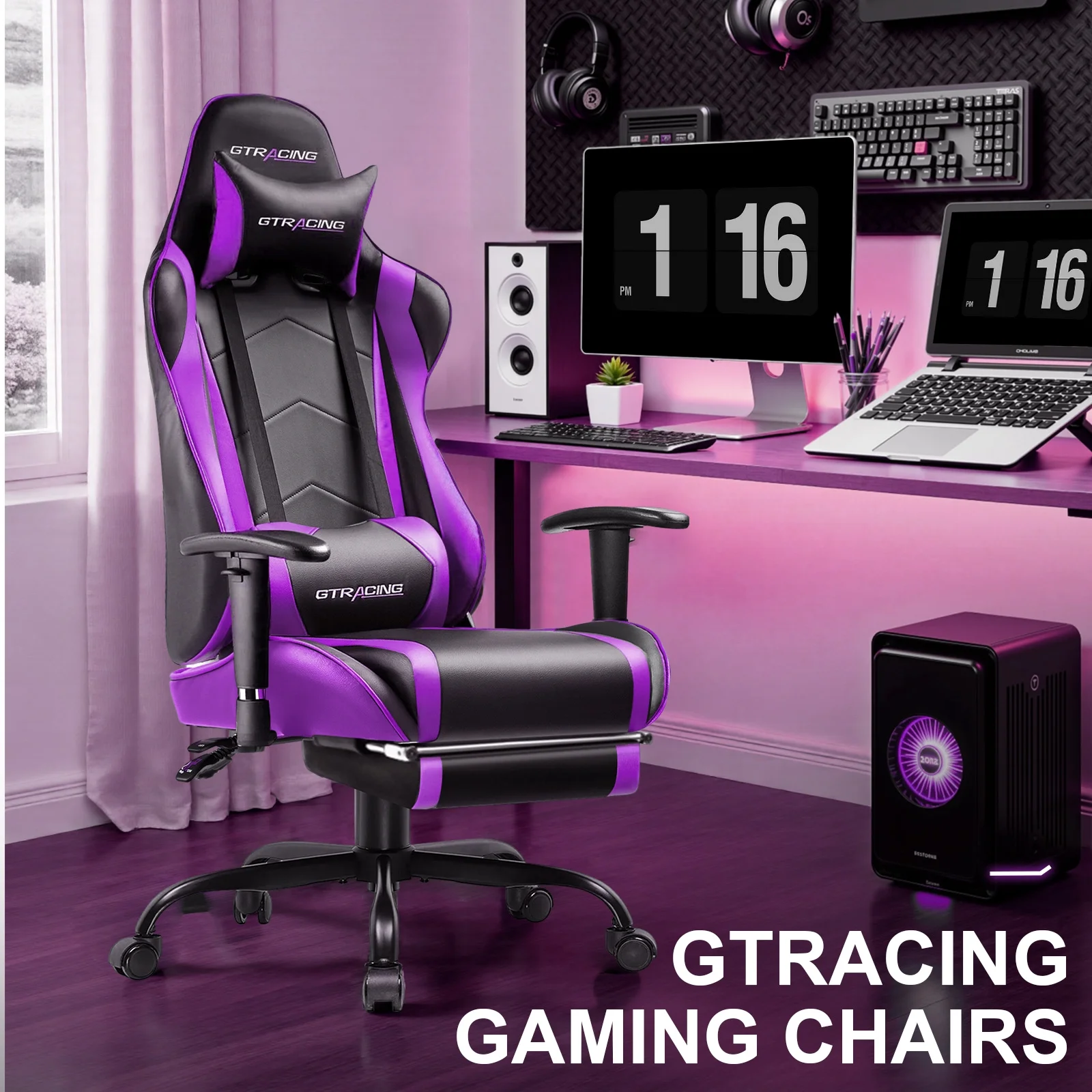 GTRACING Gaming Chair, Ergonomic Office Desk Chair with Lumbar Support, PU Leather, Footrest & Adjustable Headrest, Red - Image 17