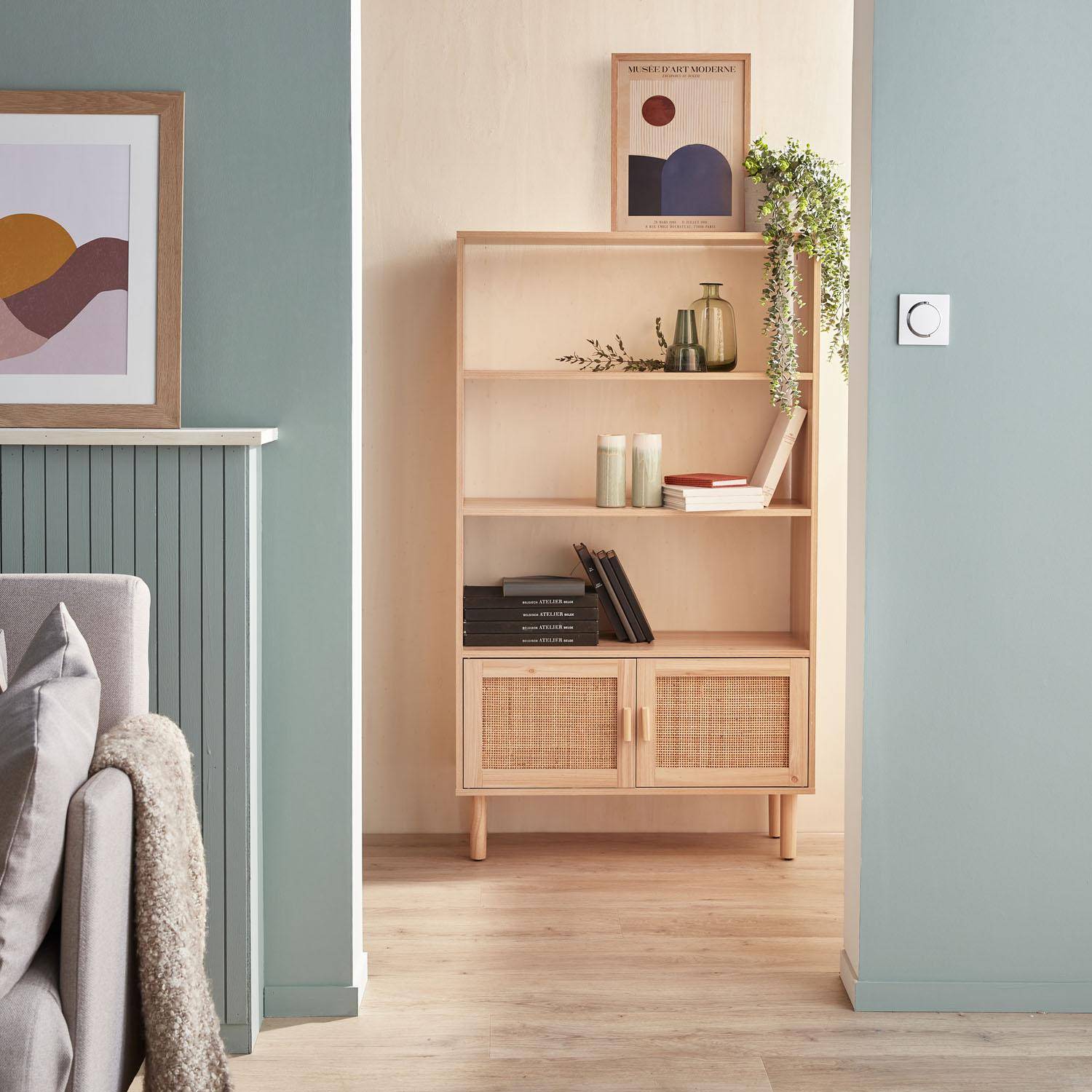 Camargue - Librería con caña y efecto madera, 3 niveles y 2 puertas
