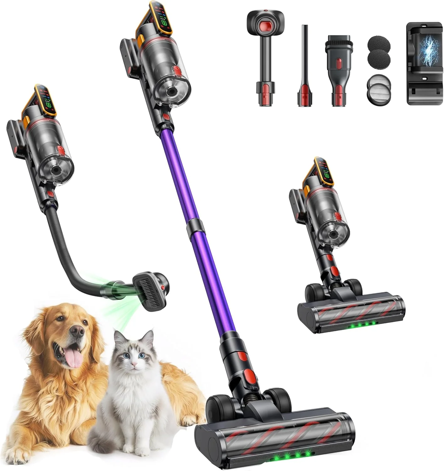 Cordless Vacuum Cleaner 55KPa 650W 70Mins Stick Vacuum Cleaners for Home with Pet Brush, 3.3Ft Hose, Wall Mount Charging, Auto Mode, Touchscreen, Self-Standing Vacuum for Pet Hair/Carpet/Car, Ultra10