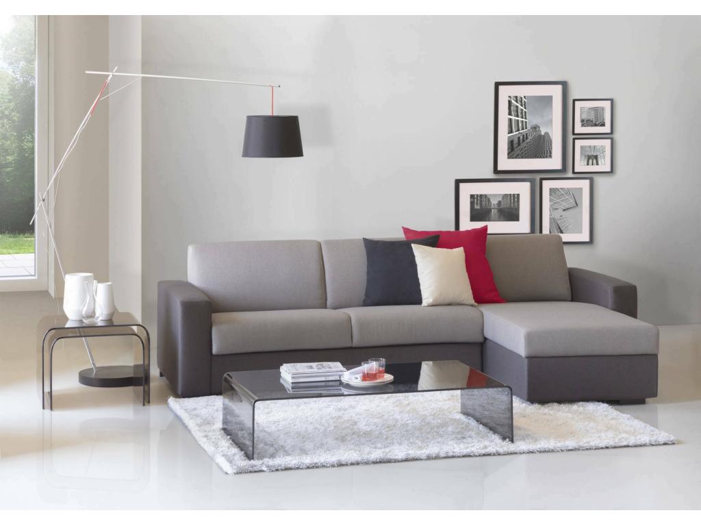 Sofá fijo Debora, Sofá rinconero, 100% Made in Italy, Sofá de salón, con península de almacenaje reversible, de tejido acolchado, con apoyabrazos finos, 260x95h90 cm, Bicolor gris