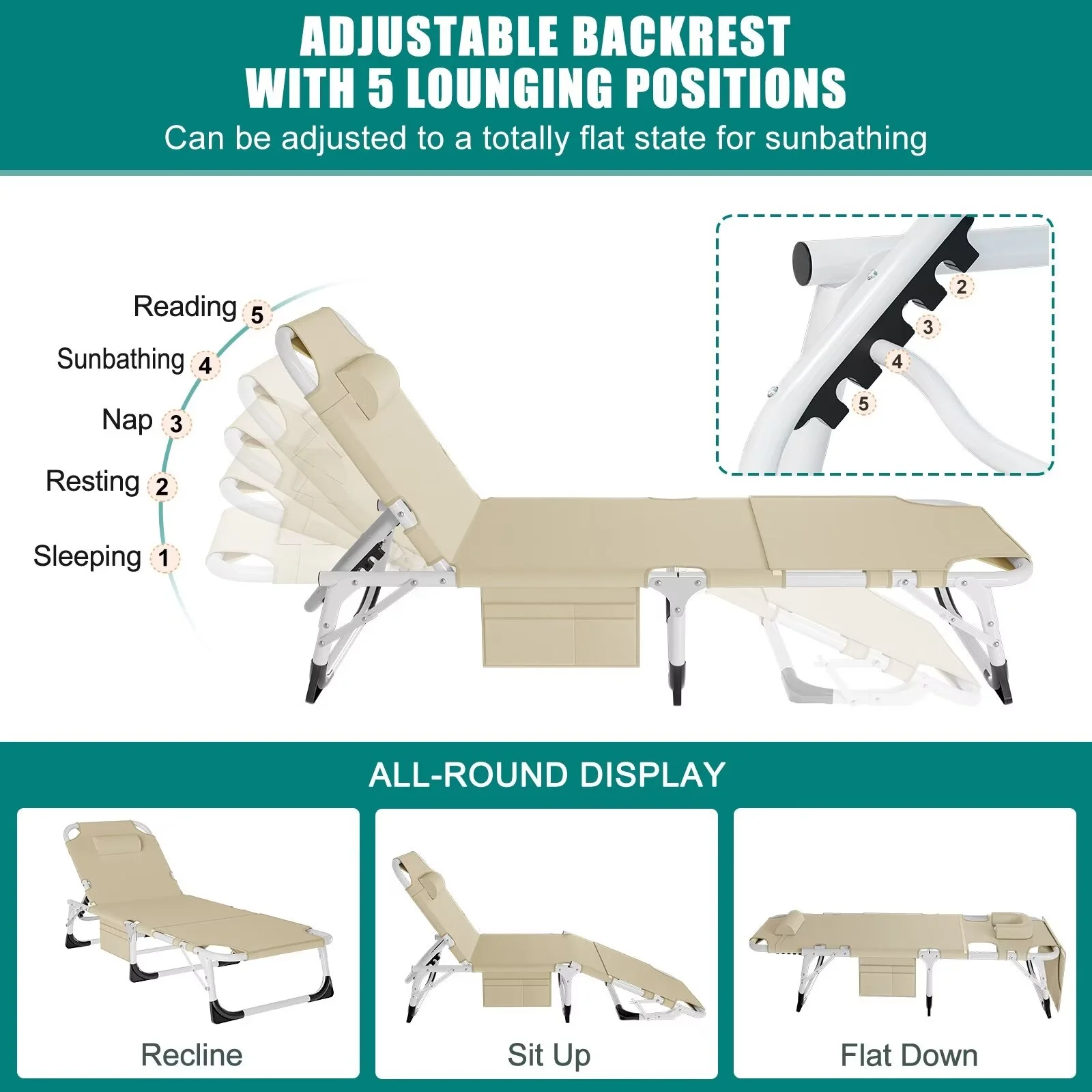 MOPHOTO Lounge Chair with Mattress, Outdoor Chaise Lounge Support 440 Lbs, Adjustable Portable Heavy Duty Sleeping Cots Bed for Camping, Pool, Beach, Patio - Image 36