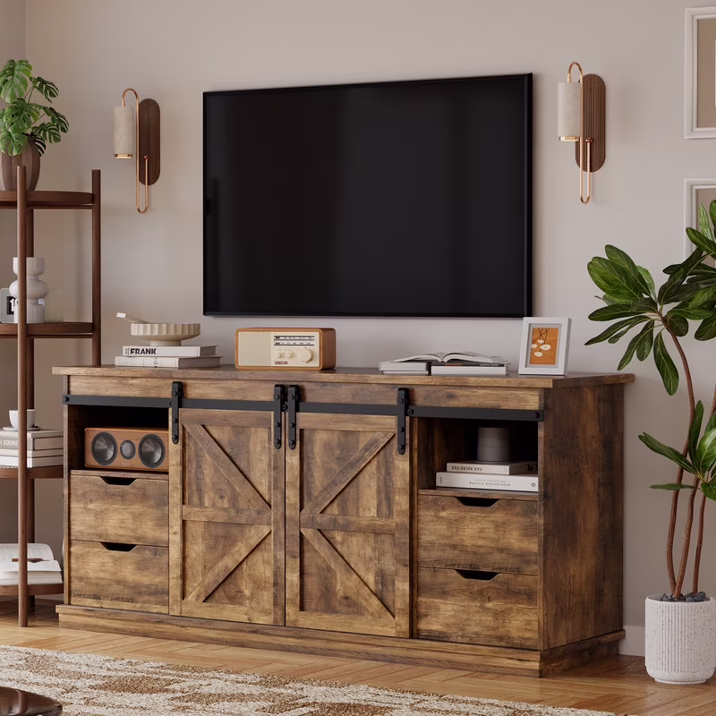 Vineego 70 inch Farmhouse TV Stand for Living Room, Entertainment Center with Sliding Barn Doors & 4 Storage Drawers, Adjustable Shelves Rustic Media Console for Bedroom,White - Image 7